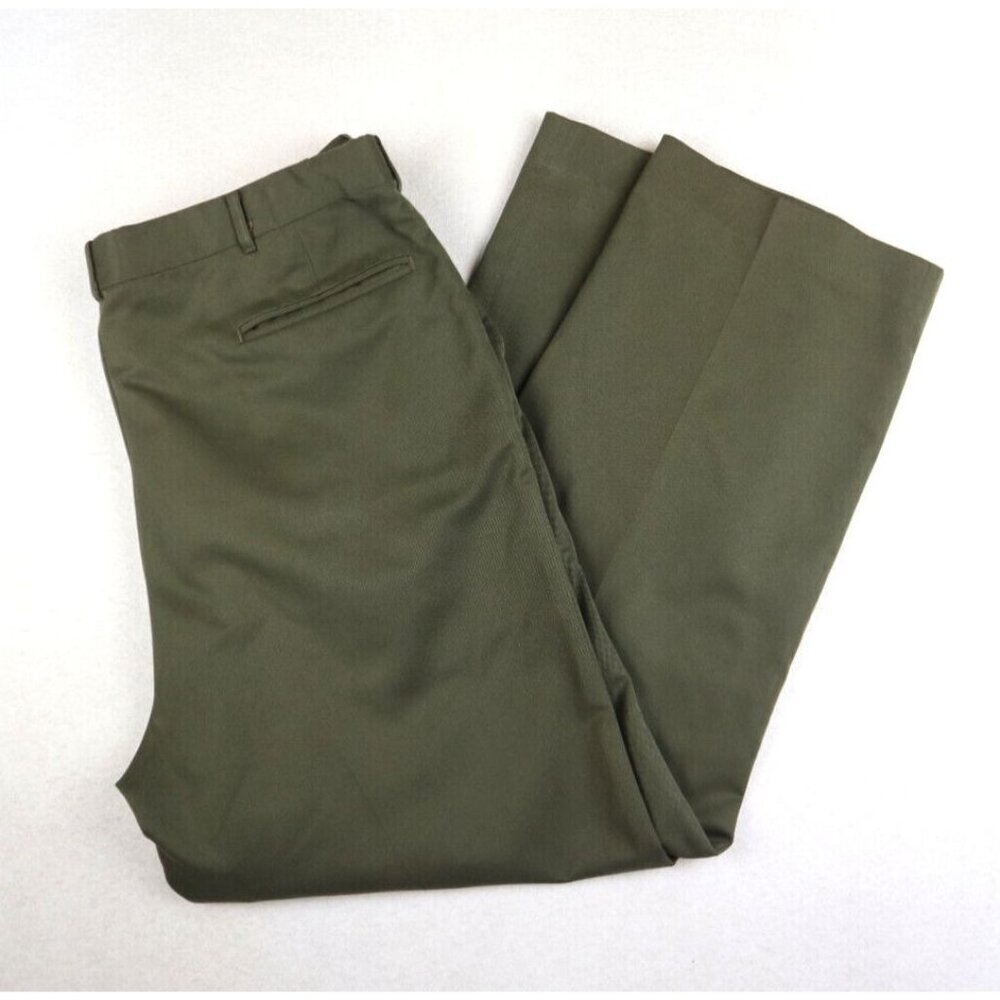 NORM THOMPSON AUTO-SIZER - MEN'S OLIVE GREEN PLEATED FRONT DRESS PANTS - SIZE 36